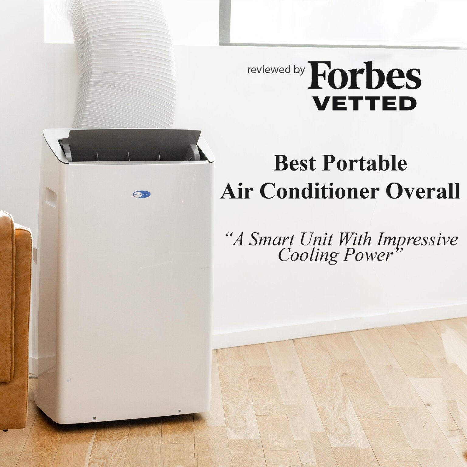 Portable air conditioner in a room with Forbes vetted text