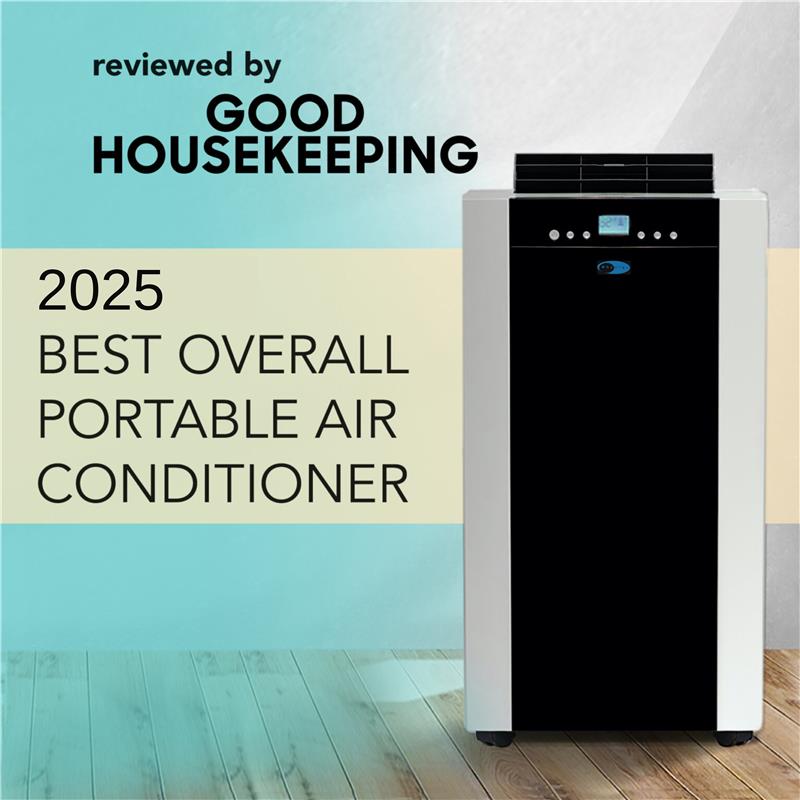 Portable air conditioner with award text against a gradient background