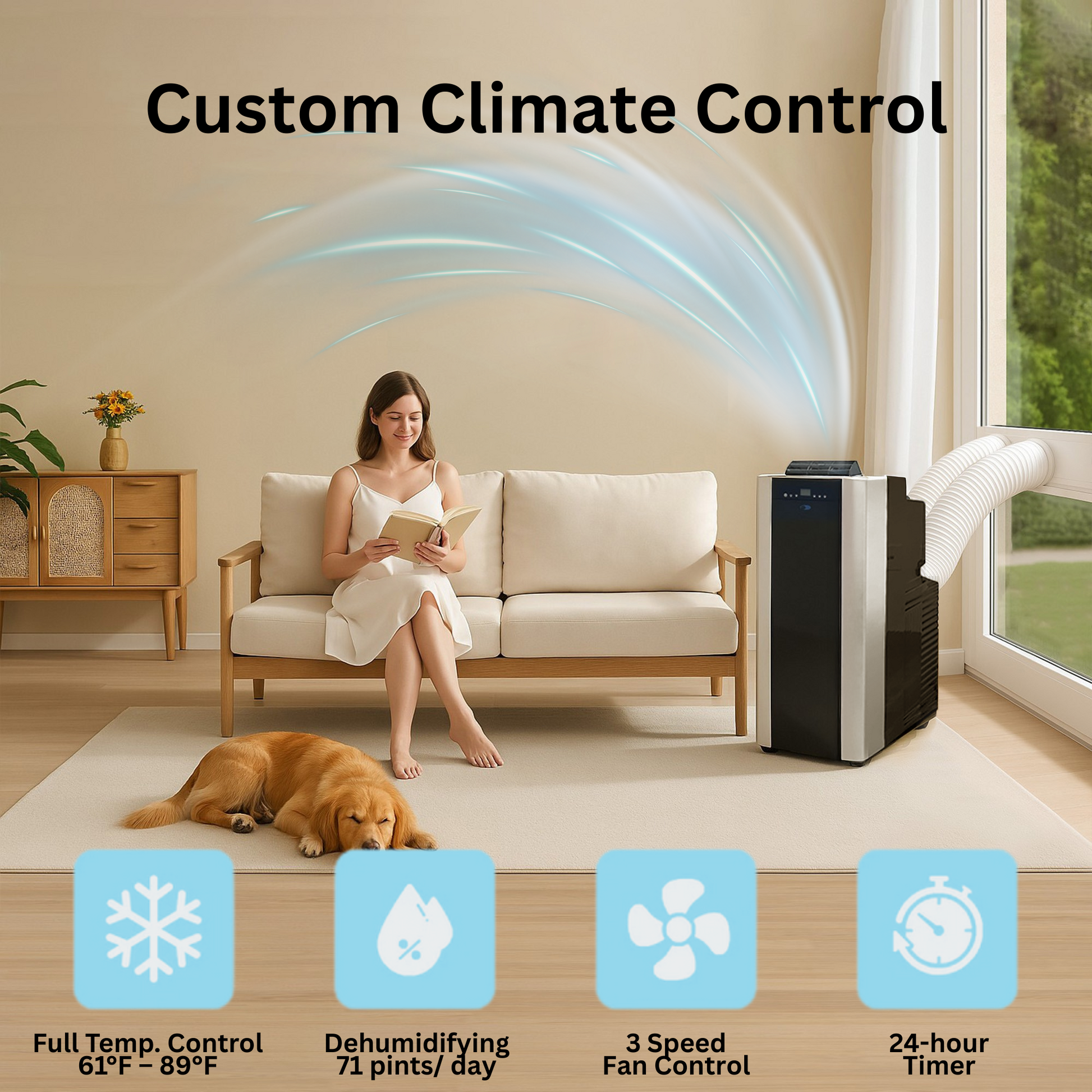 Woman using a portable air conditioner in a living room with a dog.