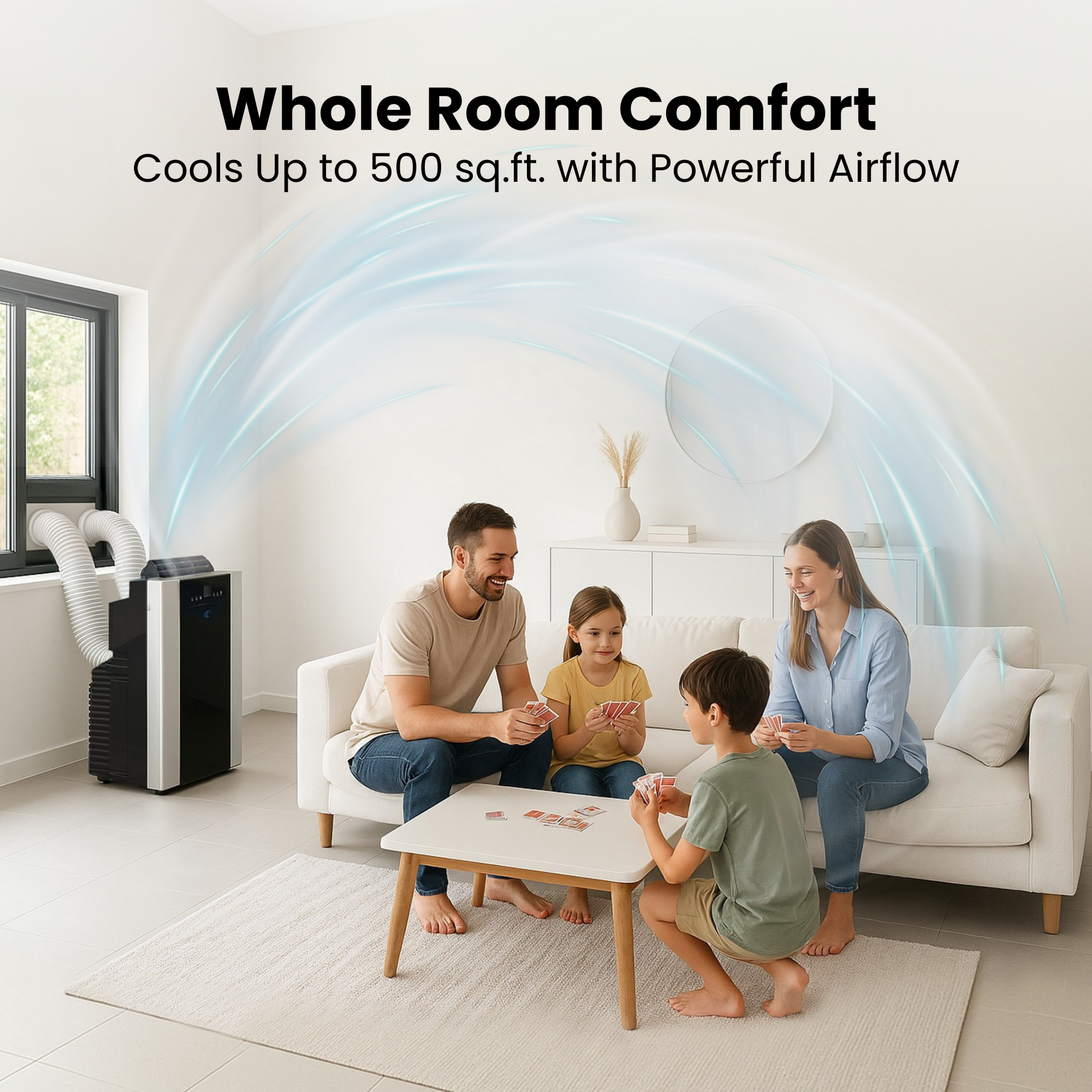Family in a living room with a portable air conditioner, with text indicating room size and airflow.