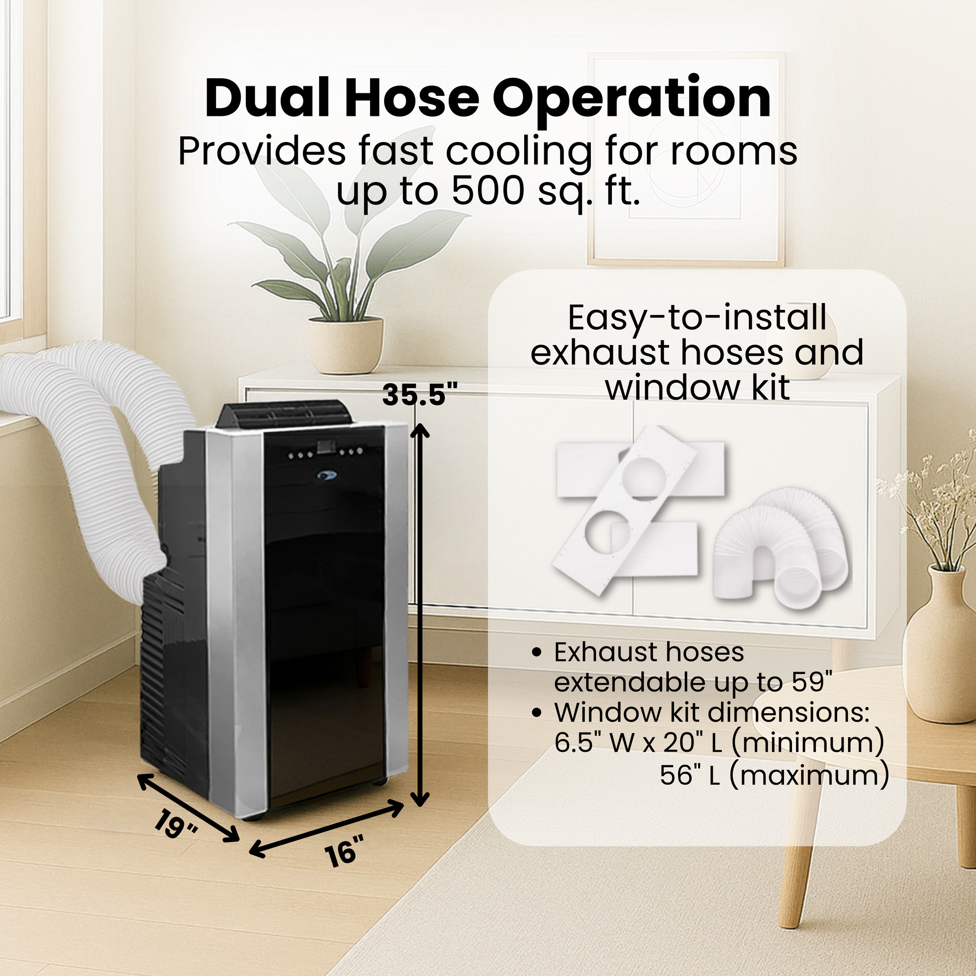Portable air conditioner with dual hose operation in a room setting.