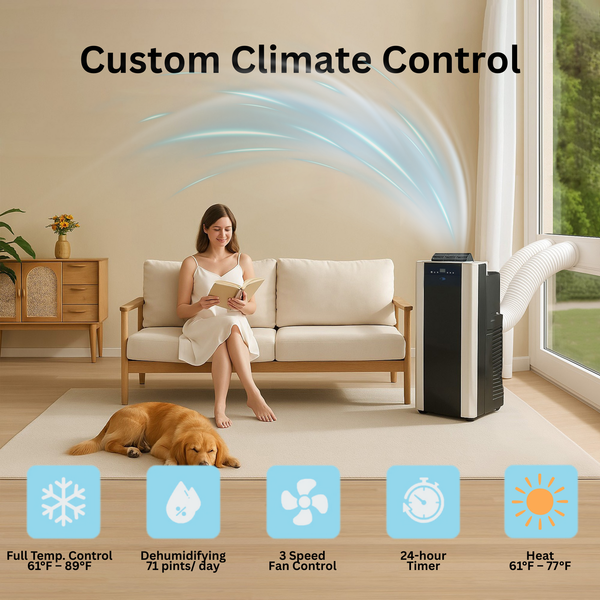 Woman and dog in a living room with a portable air conditioner.