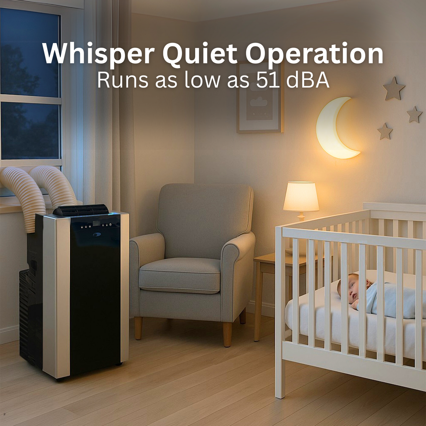 Portable air conditioner in a bedroom with a baby crib and moon decor.