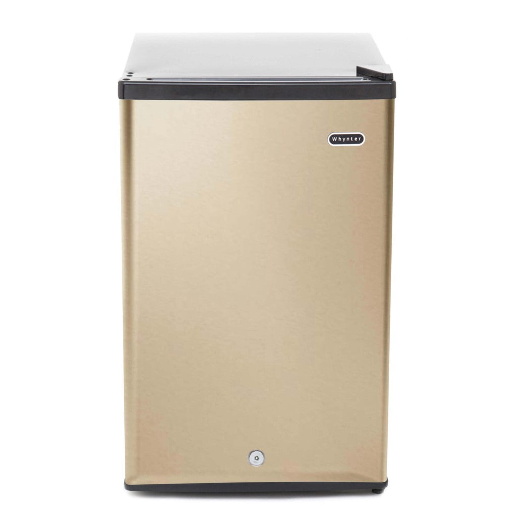 Whynter CUF-210SSG rose gold stainless steel 2.1 Cu Ft upright mini freezer with lock and reversible door