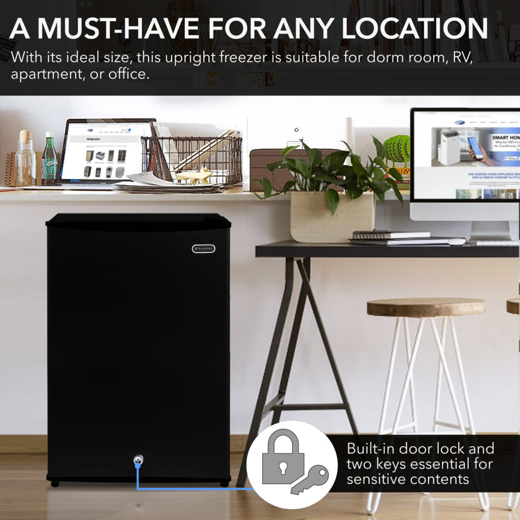 CUF-301BK Black upright freezer in a room with a desk and computer setup, featuring text about its suitability for various locations.