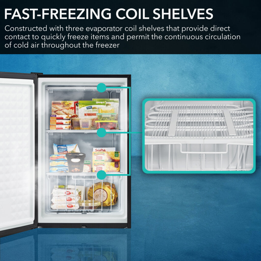 CUF-301BK Freezer with fast-freezing coil shelves and food items inside, on a blue background.