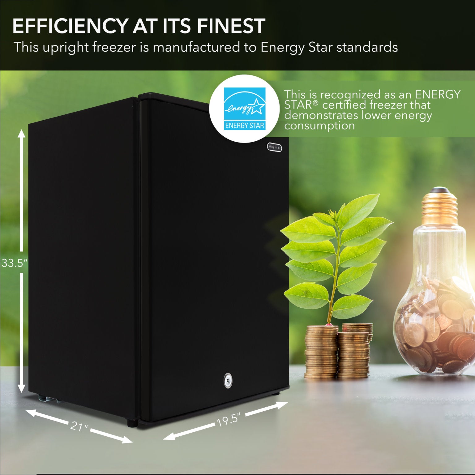 CUF-301BK Black upright freezer with Energy Star label, dimensions, and financial icons on a green background