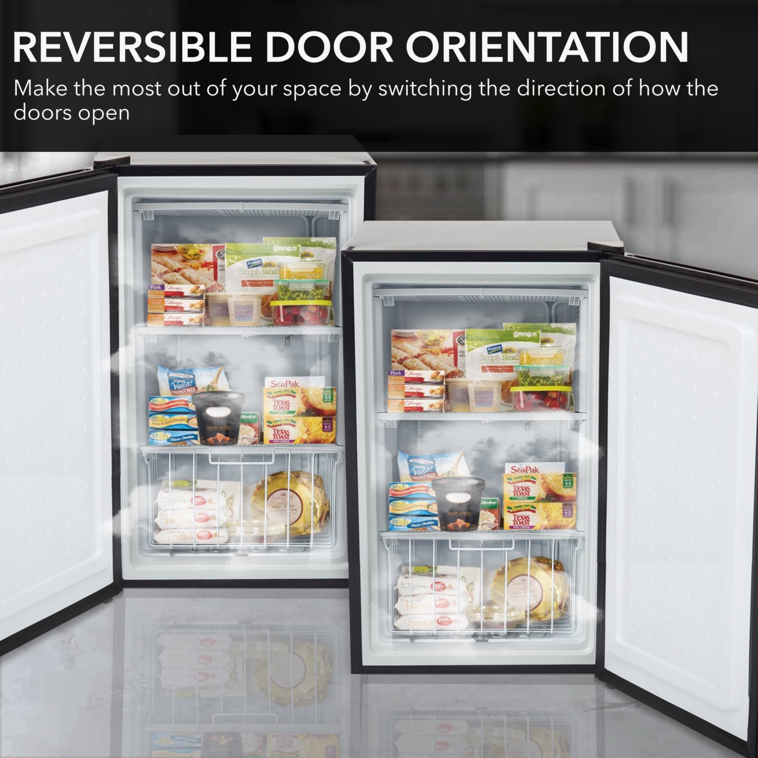 CUF-301BK Two refrigerators with reversible door orientation feature, showing stocked shelves.