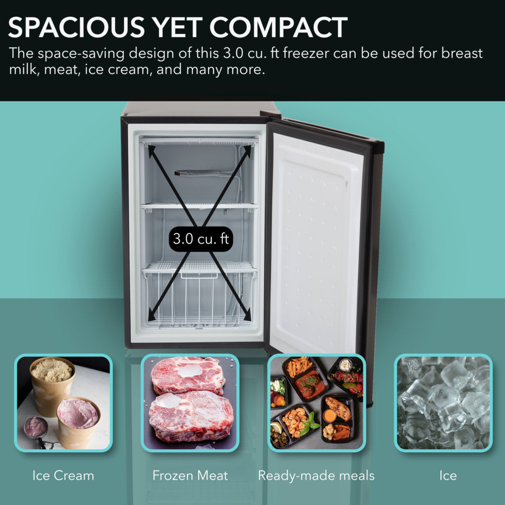 CUF-301BK Small freezer with open door showing interior shelves, surrounded by images of ice cream, frozen meat, ready-made meals, and ice.