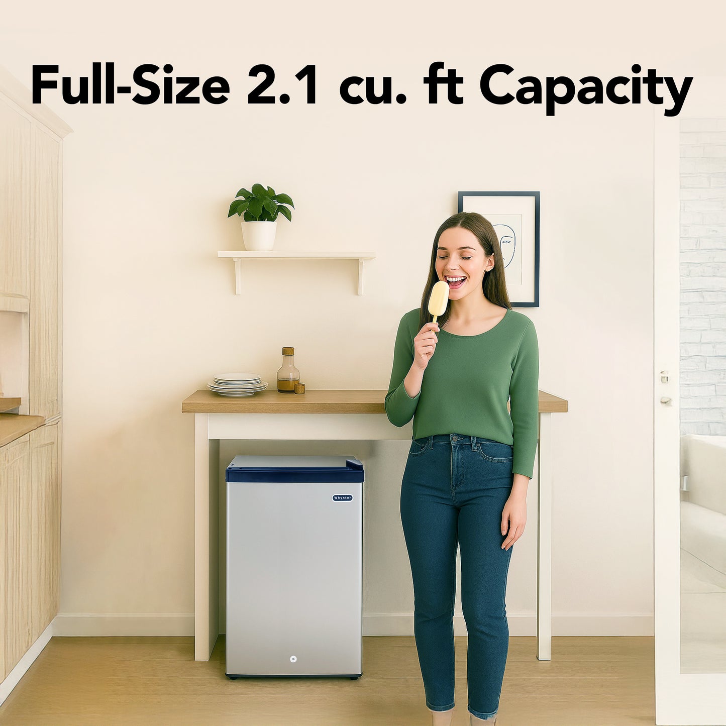 CUF-210SS Woman standing next to a small refrigerator with text indicating capacity
