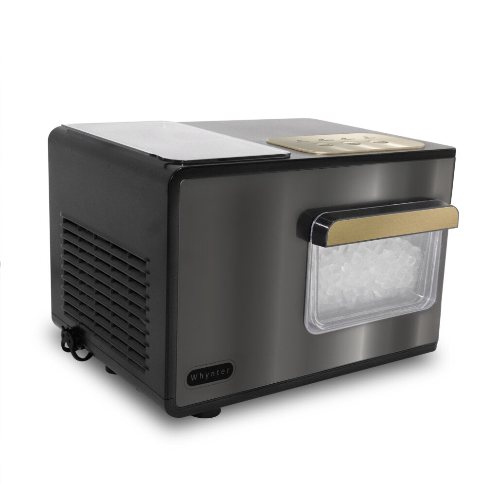 Whynter IBX-388BG Black and gold ice maker on a white background