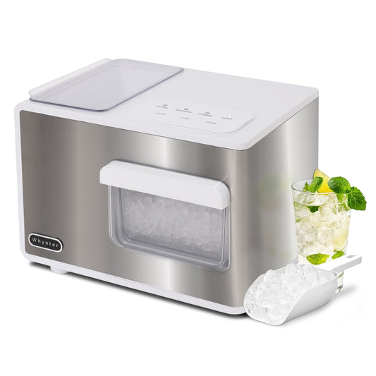 Whynter IBX-388WS white glass countertop nugget ice maker featuring stainless steel housing and removable ice drawer