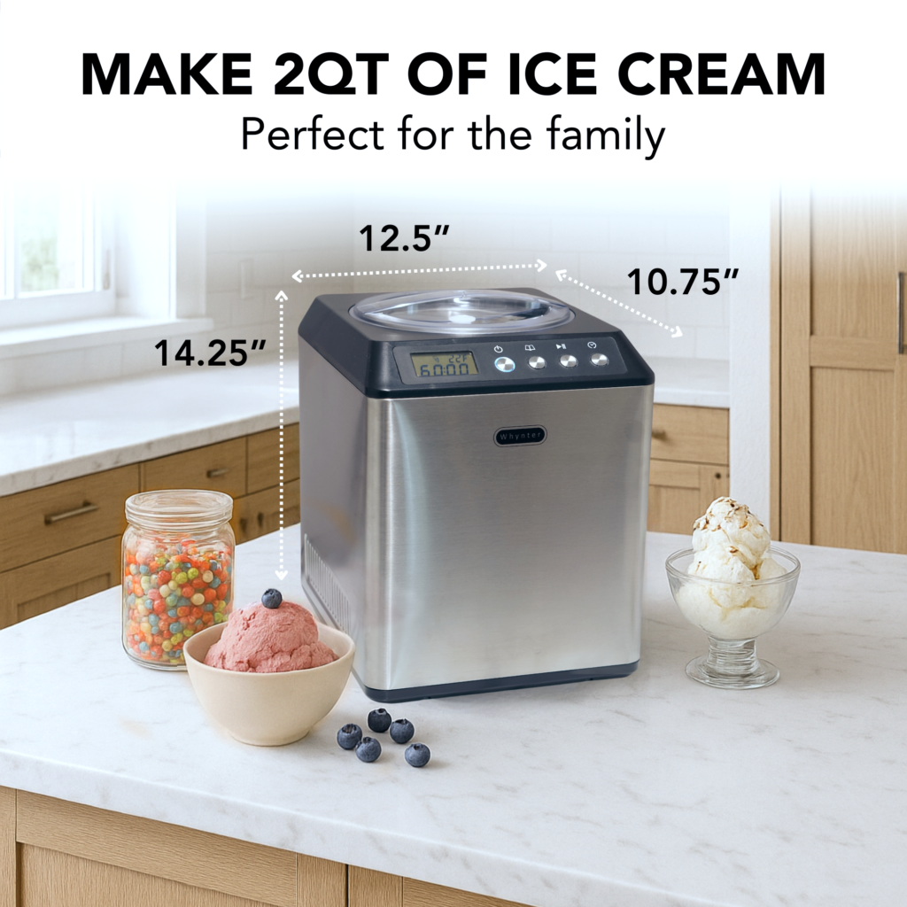 Ice cream maker on a kitchen counter with measurements and text about ice cream capacity.