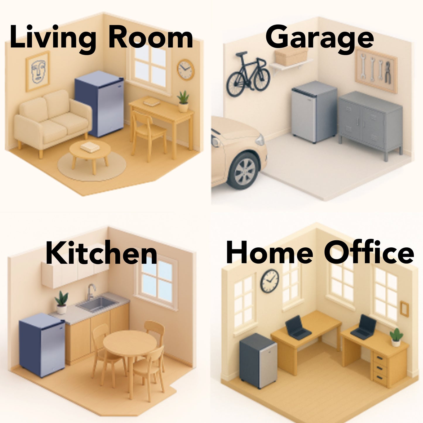 CUF-210SS Illustrations of a living room, garage, kitchen, and home office with labeled areas.