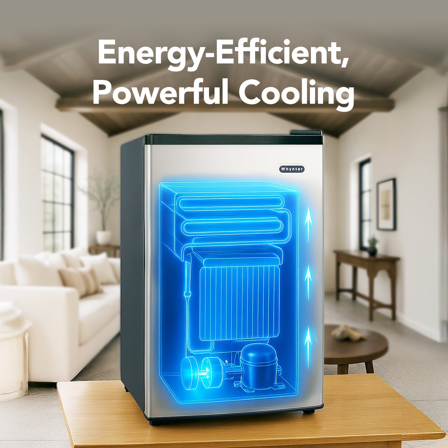 CUF-210SS Small refrigerator with energy-efficient cooling system on a wooden table in a living room.