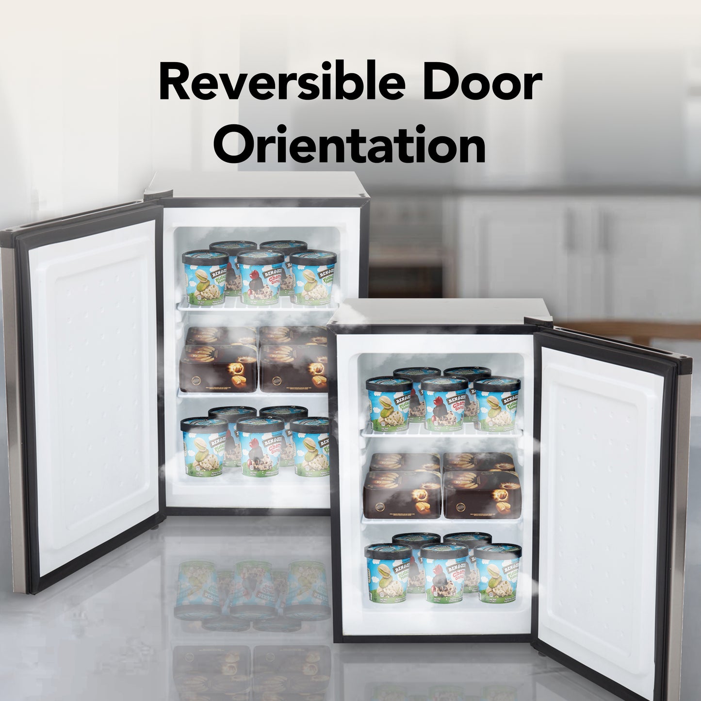 CUF-210SS Small refrigerator with reversible door orientation feature, showing ice cream containers inside.