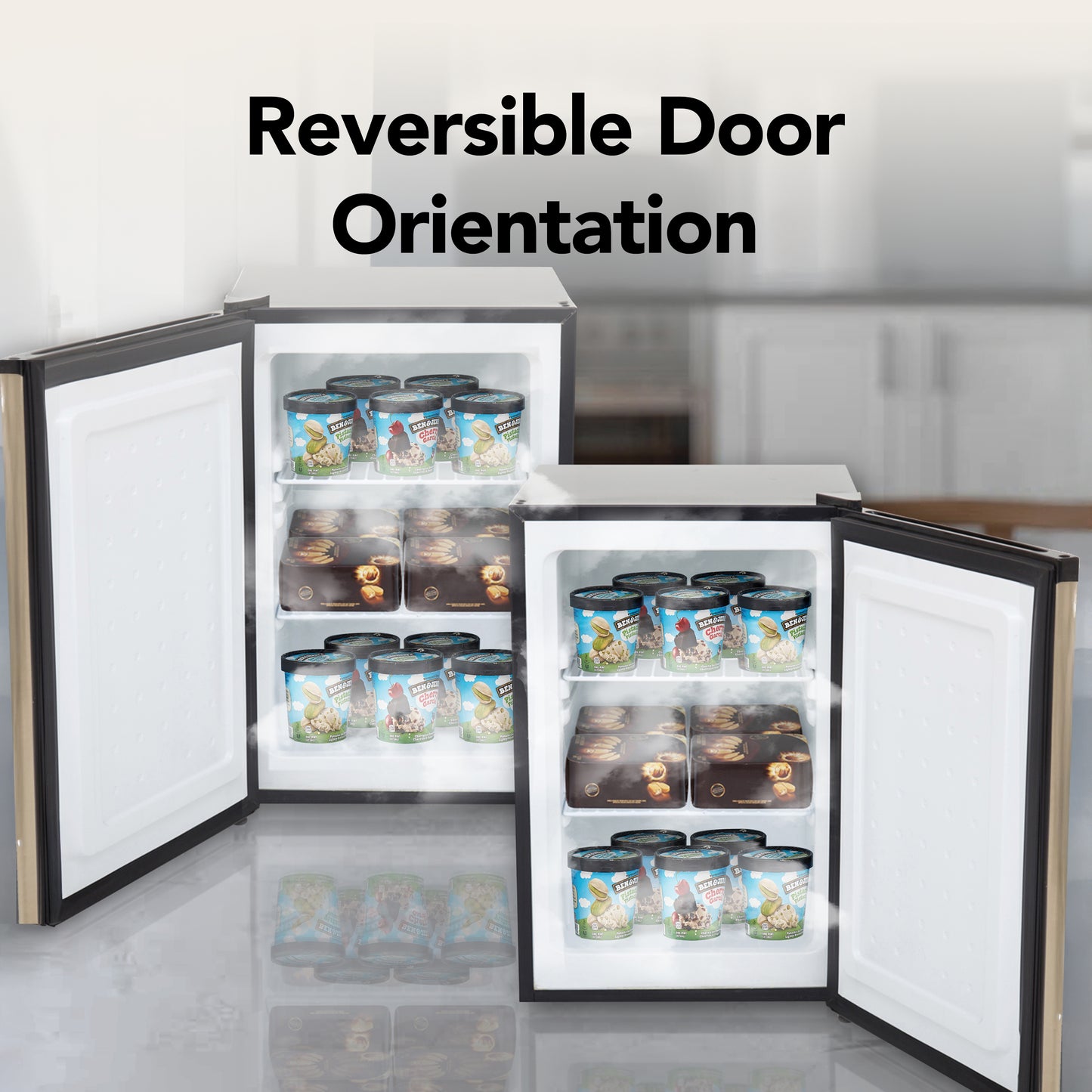 CUF‑210SSG Small refrigerator with reversible door orientation feature, showing ice cream containers inside.