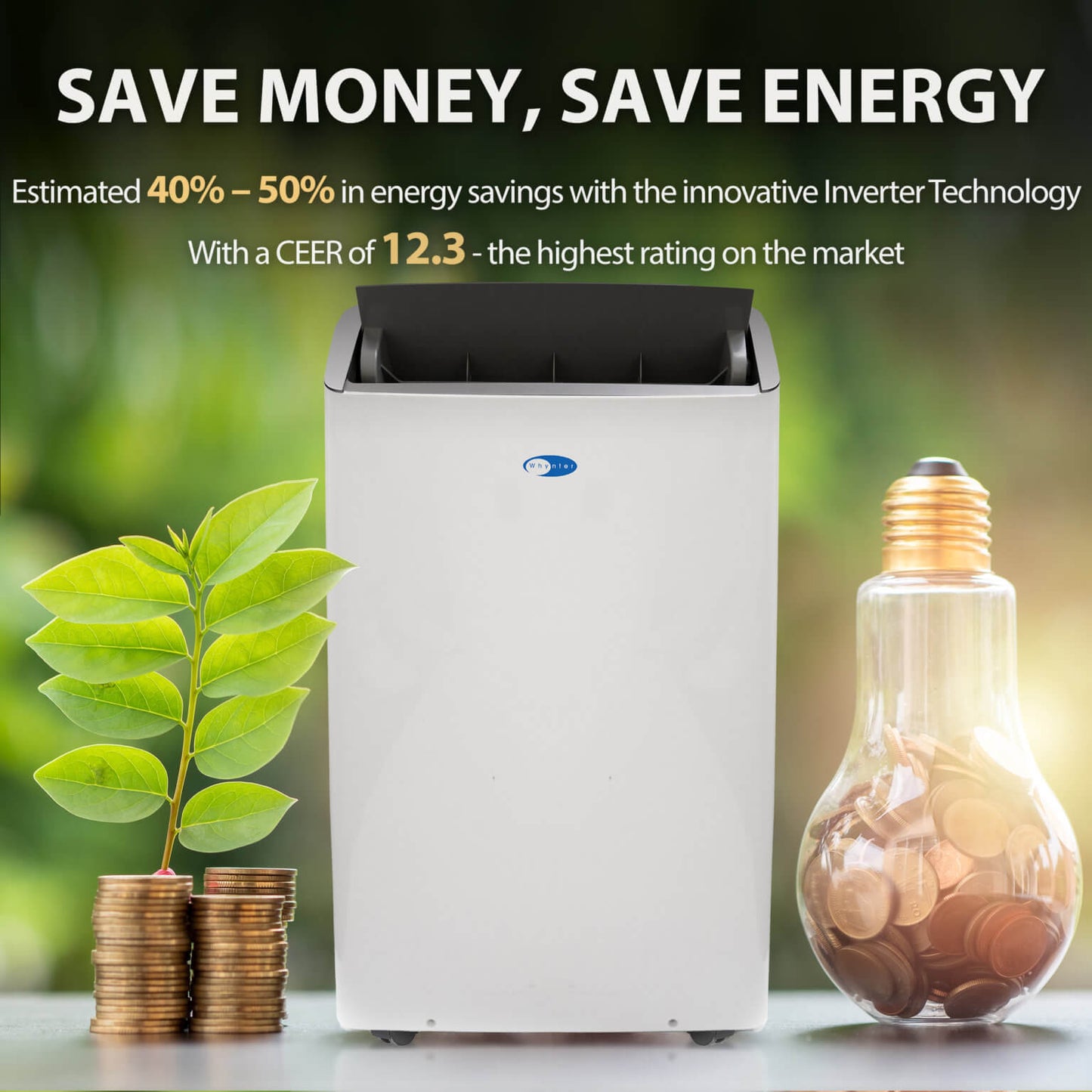 Inverter with energy-saving text and visuals of a plant, coins, and light bulb.