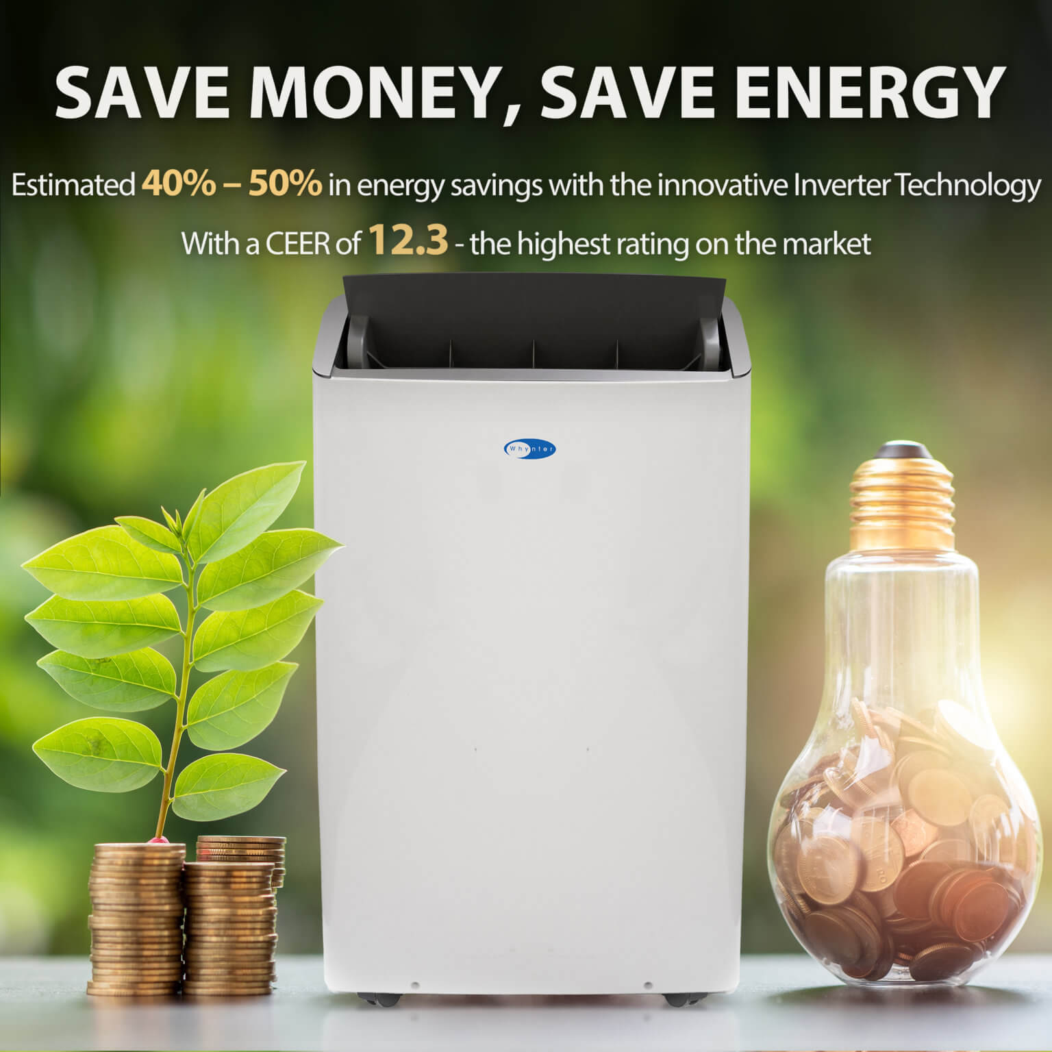 Inverter with energy-saving text and visuals of a plant, coins, and light bulb.