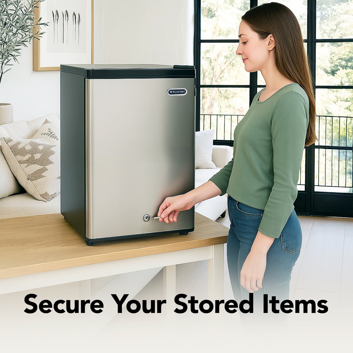 CUF-210SS Woman opening a small refrigerator in a living room with text 'Secure Your Stored Items'.