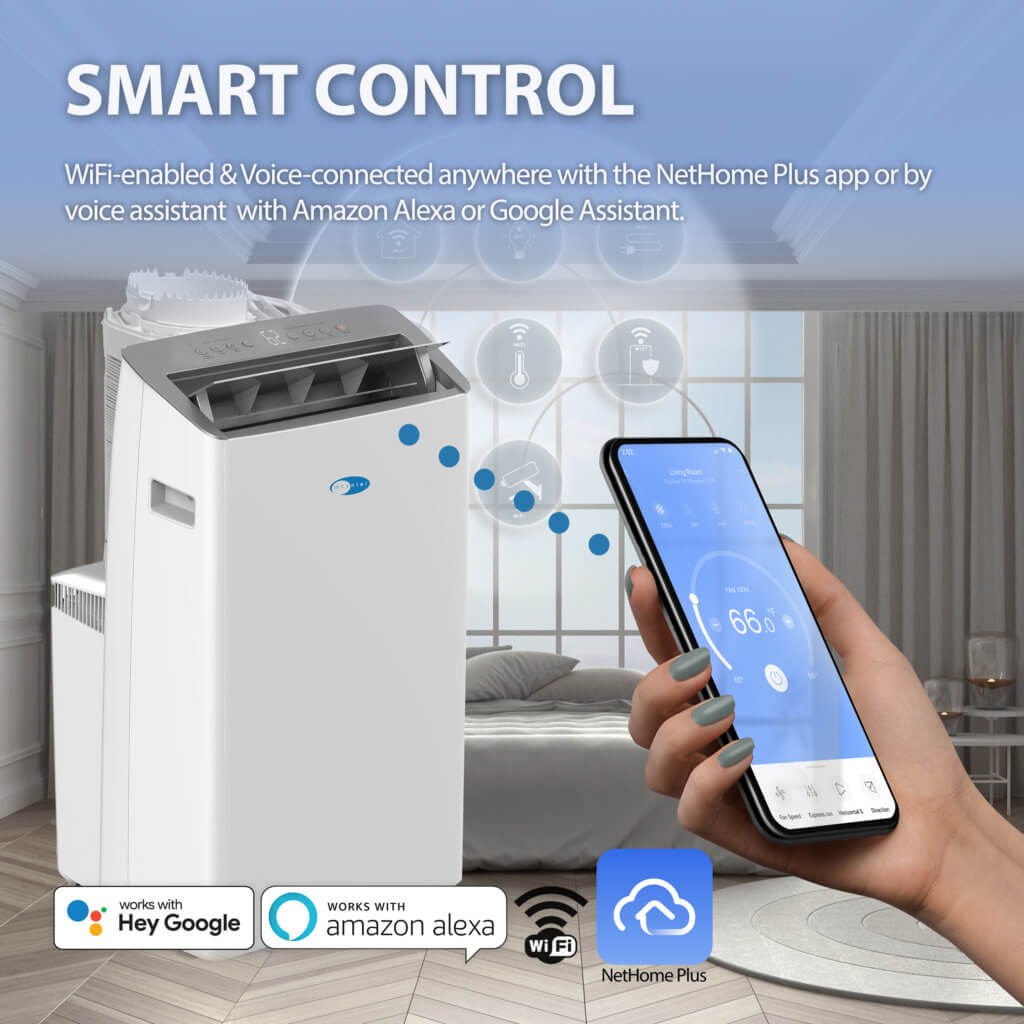 Smart air conditioner with smartphone control in a room setting, featuring connectivity logos.