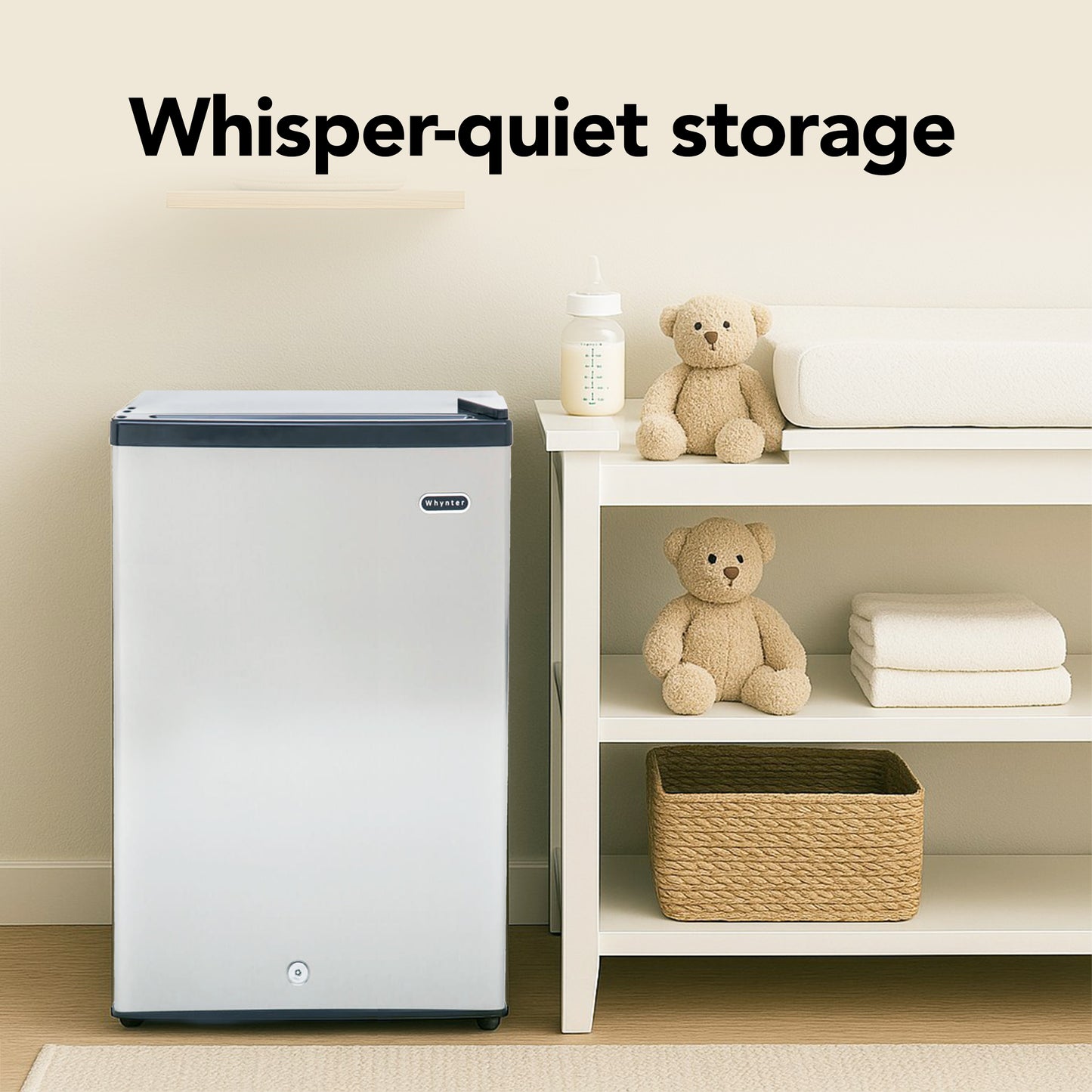 CUF-210SS White storage unit labeled 'Whisper-quiet storage' next to a shelf with teddy bears and towels.
