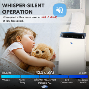 Child sleeping with a teddy bear next to a Whynter NEX Smart Portable AC unit, emphasizing whisper-silent operation.