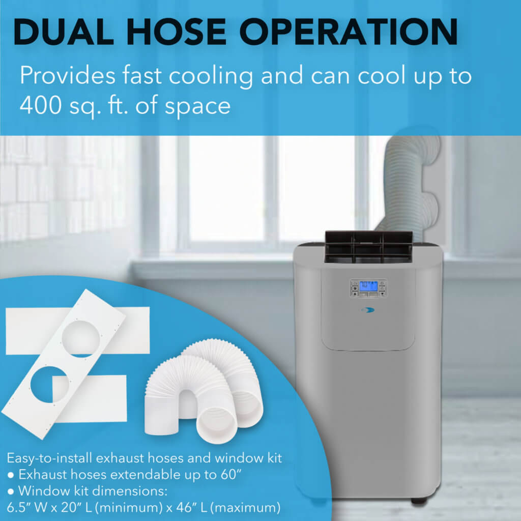 Portable air conditioner with dual hose operation features and window kit in a room setting.