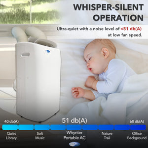 Portable air conditioner with a baby sleeping next to it, emphasizing whisper-silent operation.