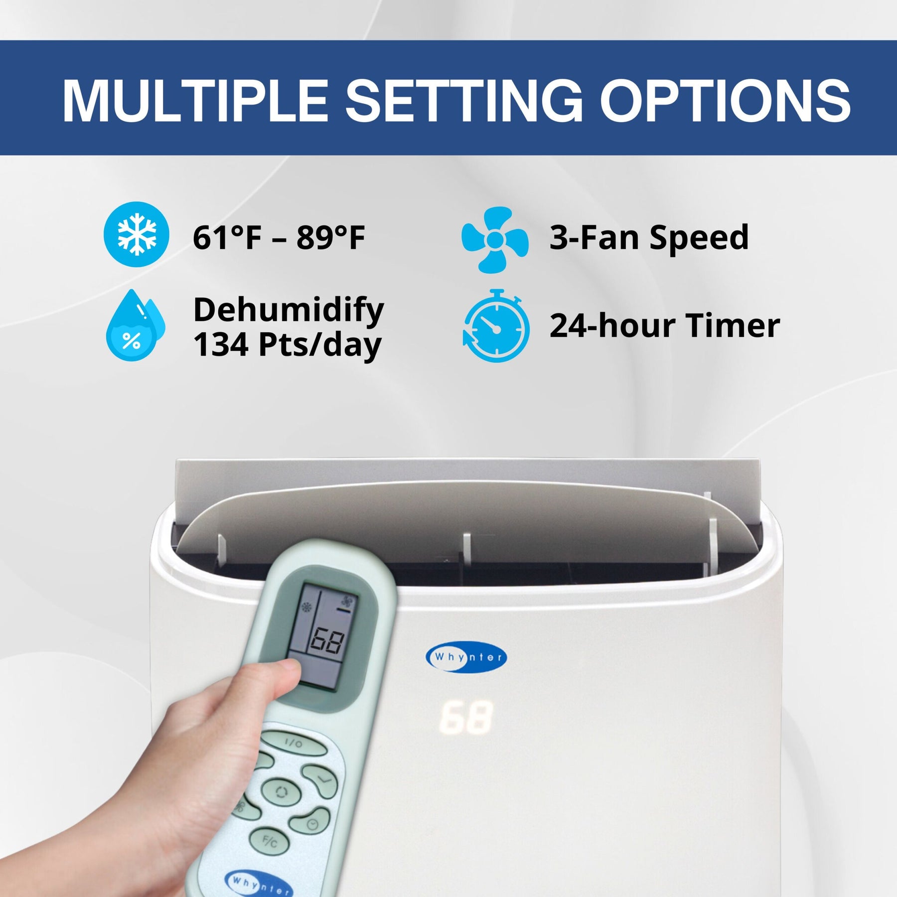 Air conditioner with remote control displaying multiple setting options on a white background