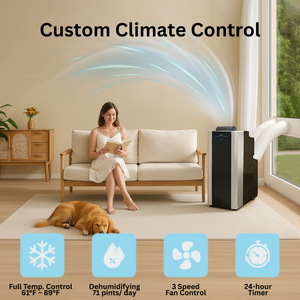 Woman using a portable air conditioner in a living room with a dog.