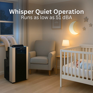Portable air conditioner in a bedroom with a baby crib and moon decor.