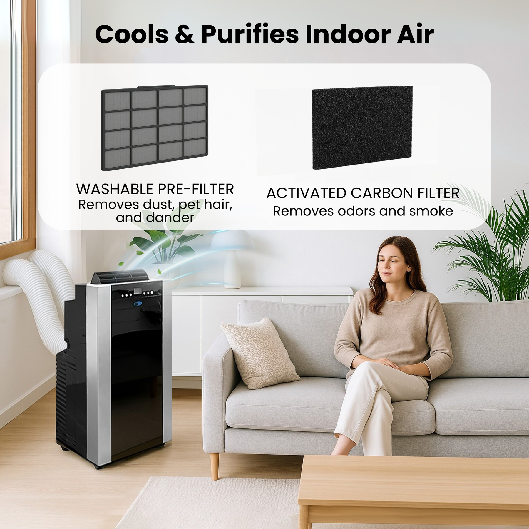Living room with air purification system and woman on sofa