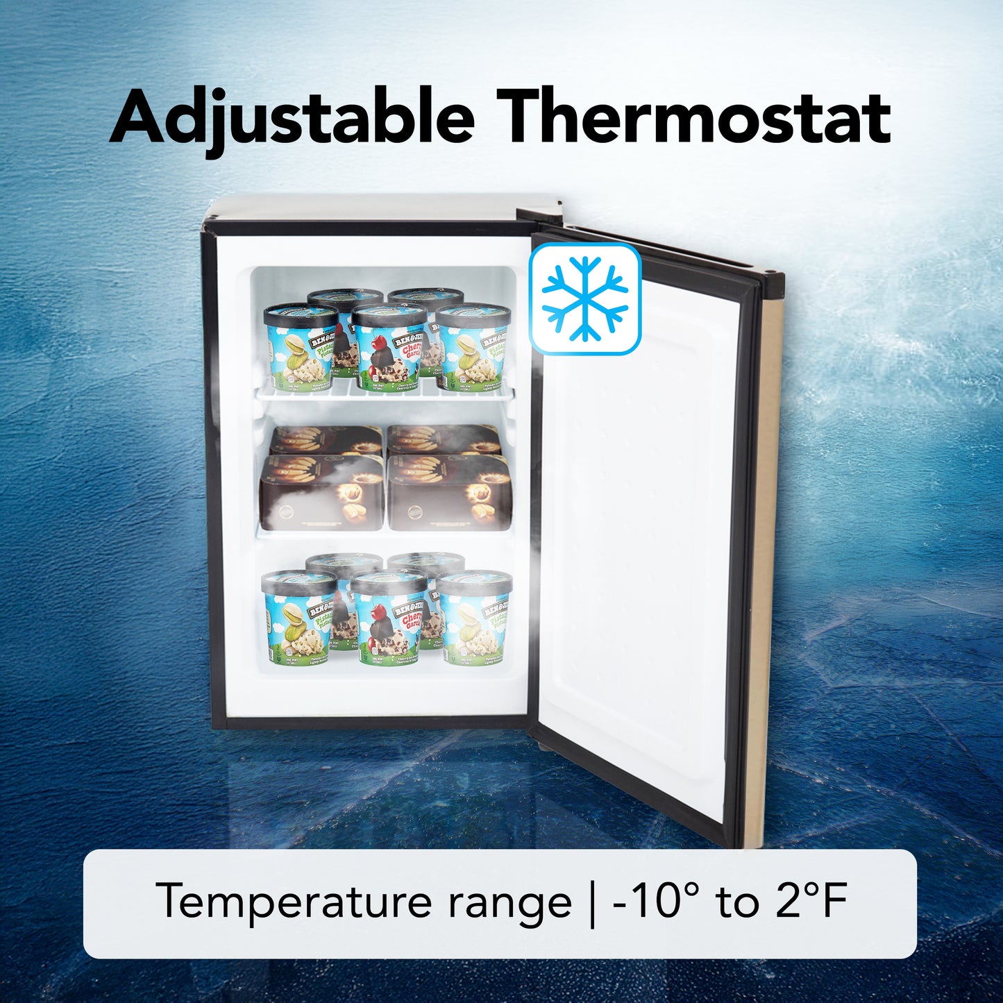 CUF‑210SSG Small freezer with open door showing ice cream containers on a blue textured background, labeled 'Adjustable Thermostat' and 'Temperature range: -10° to 2°F'.