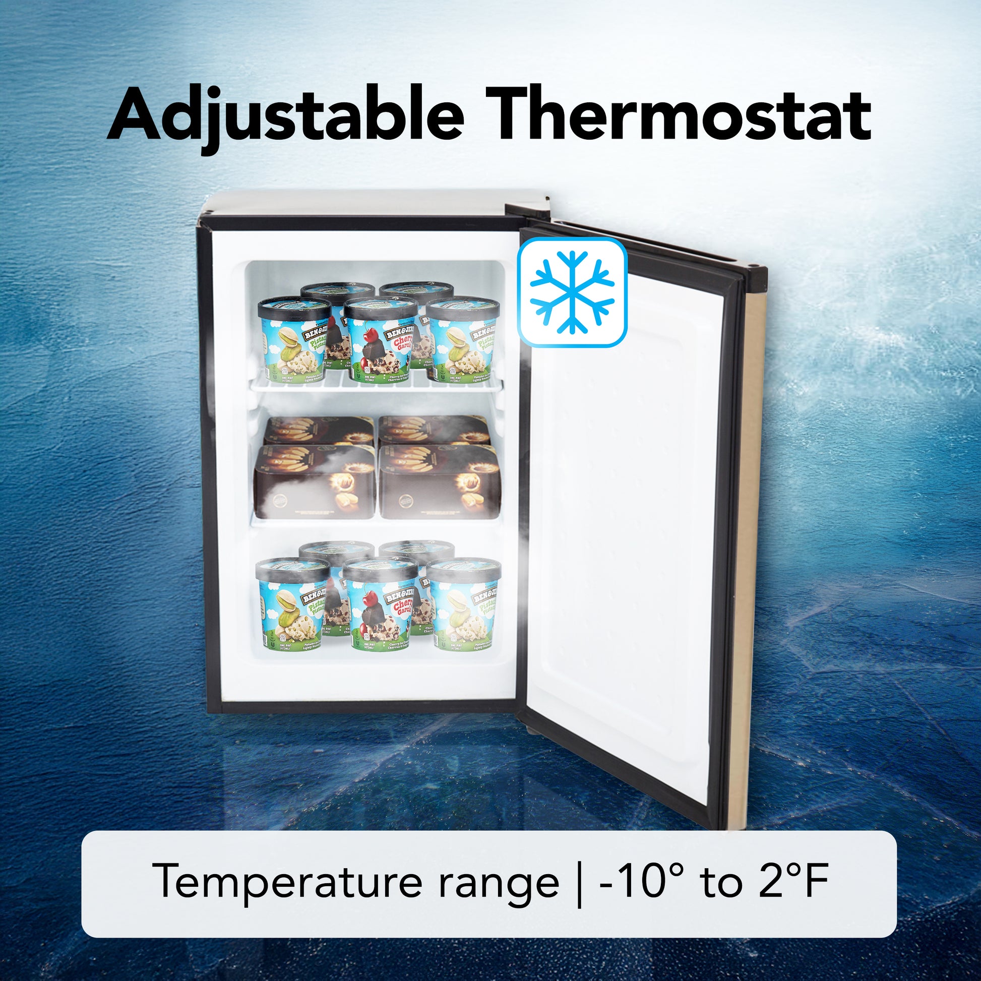 CUF‑210SSG Small freezer with open door showing ice cream containers on a blue textured background, labeled 'Adjustable Thermostat' and 'Temperature range: -10° to 2°F'.
