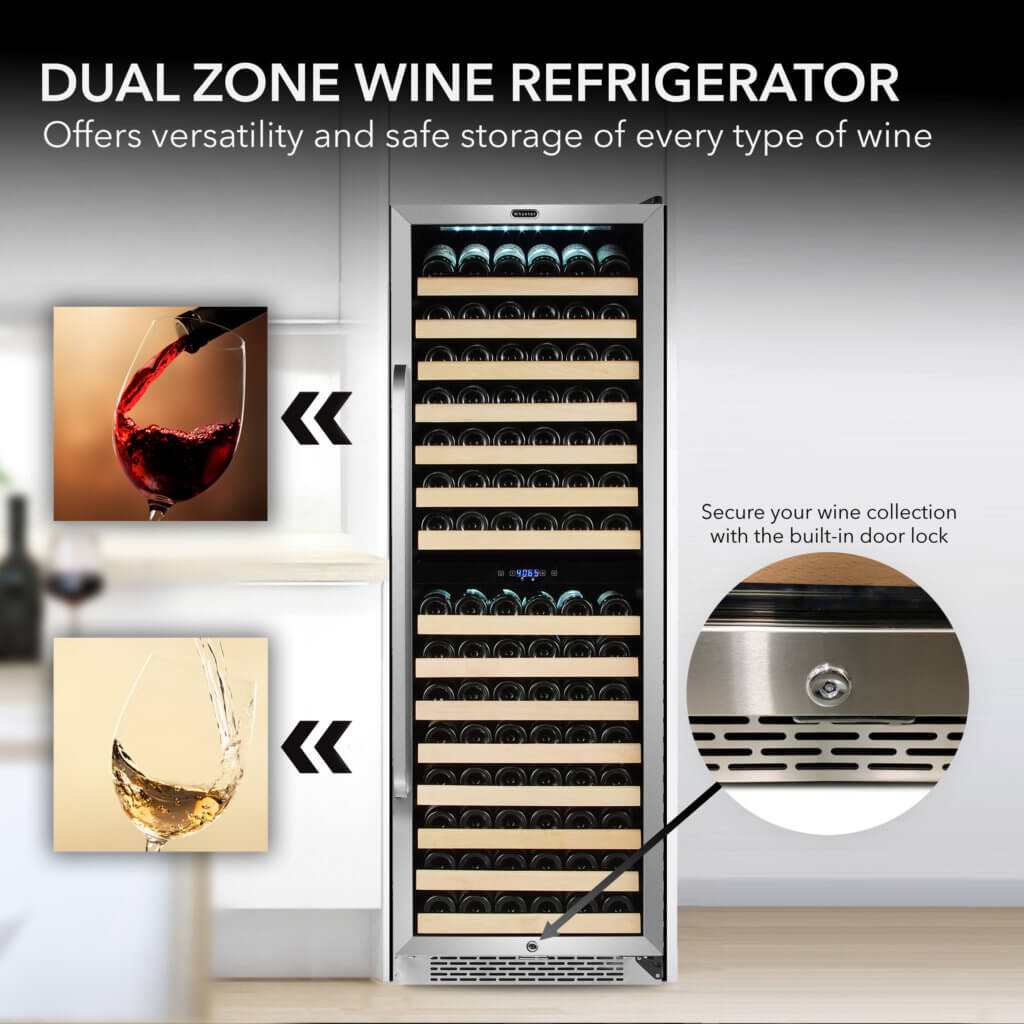 Whynter BWR-1642DZ 24 in. Dual-Zone 164-Bottle Wine Cooler Fridge with Display Rack Built-In Stainless Steel UV Protection Glass Door