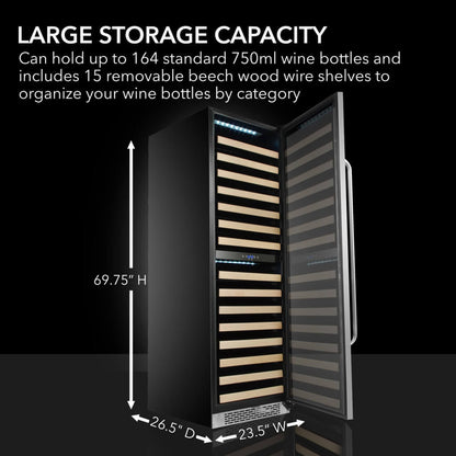 Whynter BWR-1642DZ 24 in. Dual-Zone 164-Bottle Wine Cooler Fridge with Display Rack Built-In Stainless Steel UV Protection Glass Door