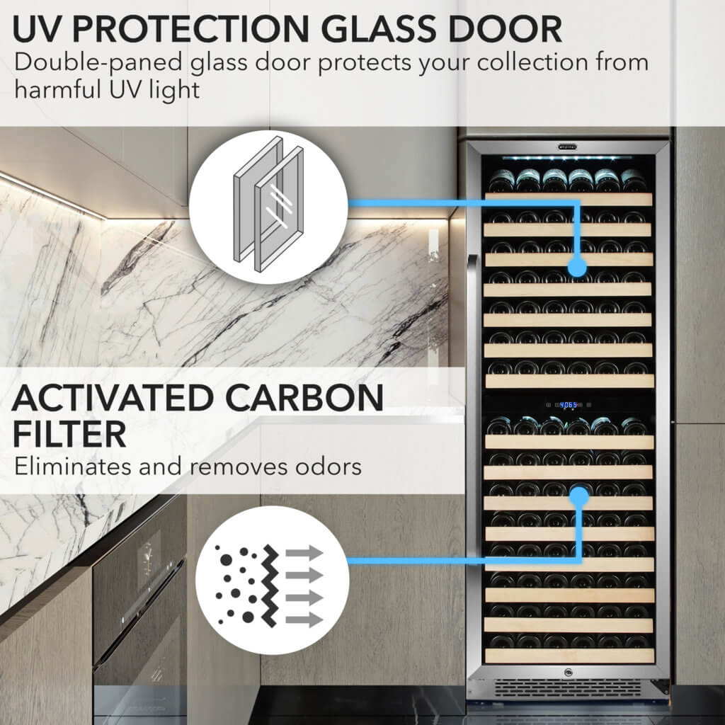 Whynter BWR-1642DZ 24 in. Dual-Zone 164-Bottle Wine Cooler Fridge with Display Rack Built-In Stainless Steel UV Protection Glass Door