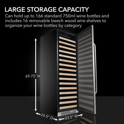 Whynter BWR-1662SD 24 in. Single-Zone 166-Bottle Wine Cooler Fridge with Display Rack Built-In Stainless Steel UV Protection Glass Door