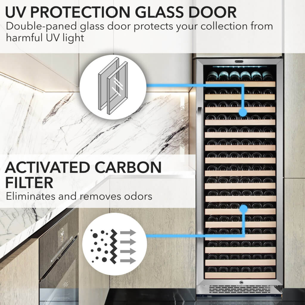 Whynter BWR-1662SD 24 in. Single-Zone 166-Bottle Wine Cooler Fridge with Display Rack Built-In Stainless Steel UV Protection Glass Door