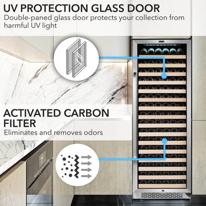 Whynter BWR-1662SD 24 in. Single-Zone 166-Bottle Wine Cooler Fridge with Display Rack Built-In Stainless Steel UV Protection Glass Door