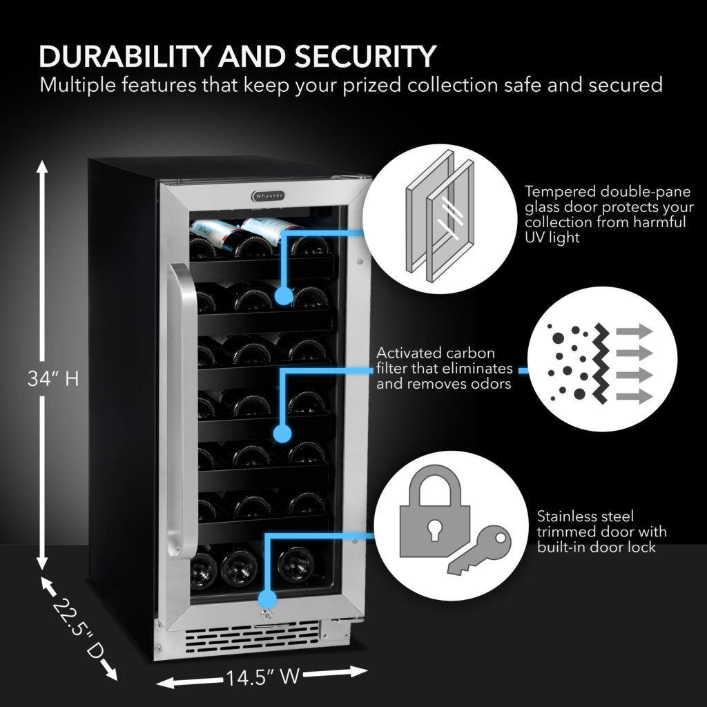 Whynter BWR‑308SB 15″ Built‑In/Undercounter 33‑Bottle Wine Refrigerator – Stainless Steel Trim, Digital Control & Lock