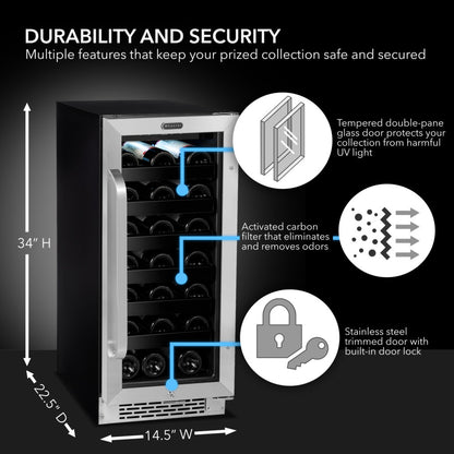 Whynter BWR‑308SB 15″ Built‑In/Undercounter 33‑Bottle Wine Refrigerator – Stainless Steel Trim, Digital Control & Lock