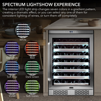 Whynter BWR‑545XS 54‑Bottle Built‑In/Undercounter Wine Refrigerator – Spectrum Lightshow, Stainless Steel Trim