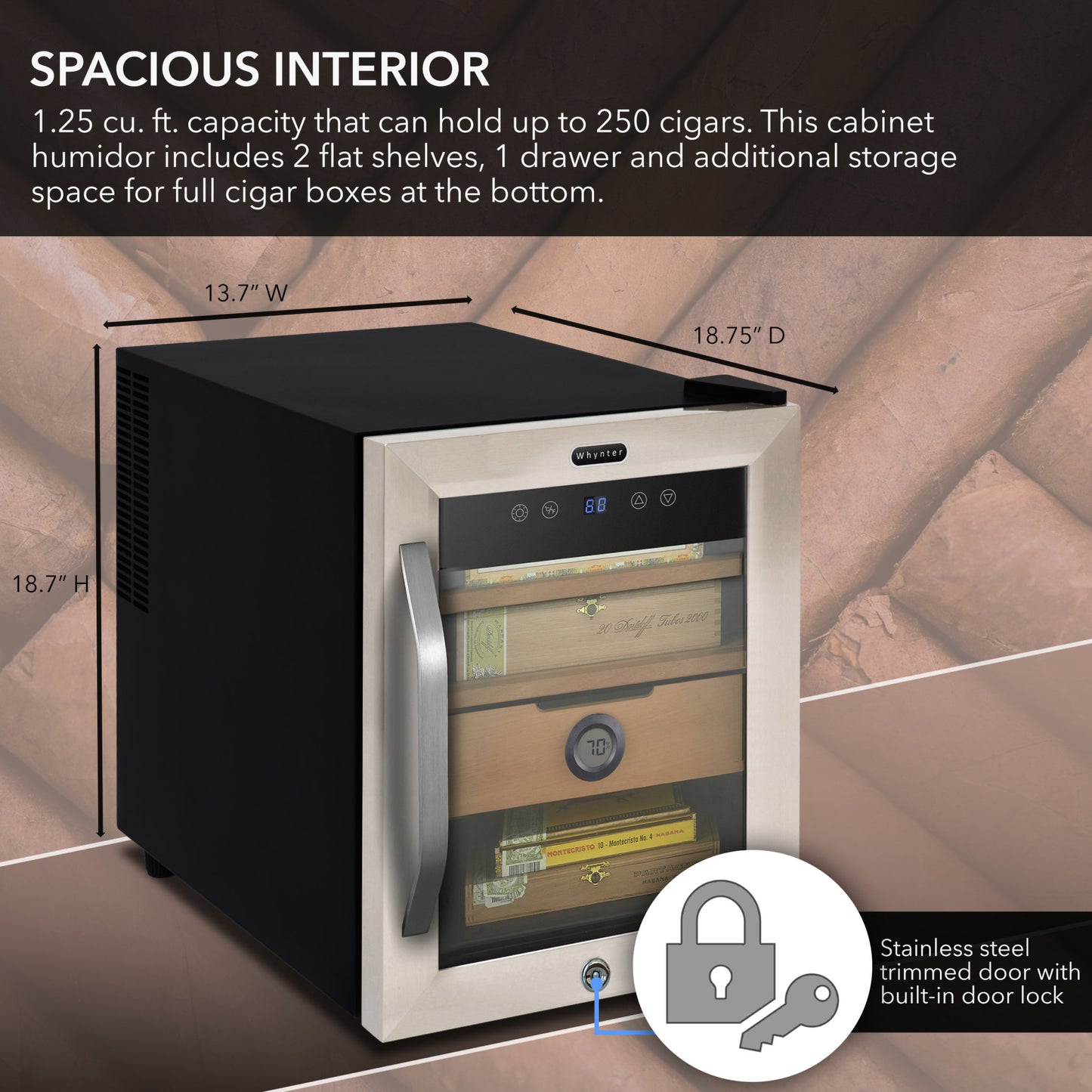 Whynter CHC‑123DS 1.2 cu ft Digital Control Cigar Humidor – Stainless Steel Trimmed Glass Door, Holds - 250 Cigars