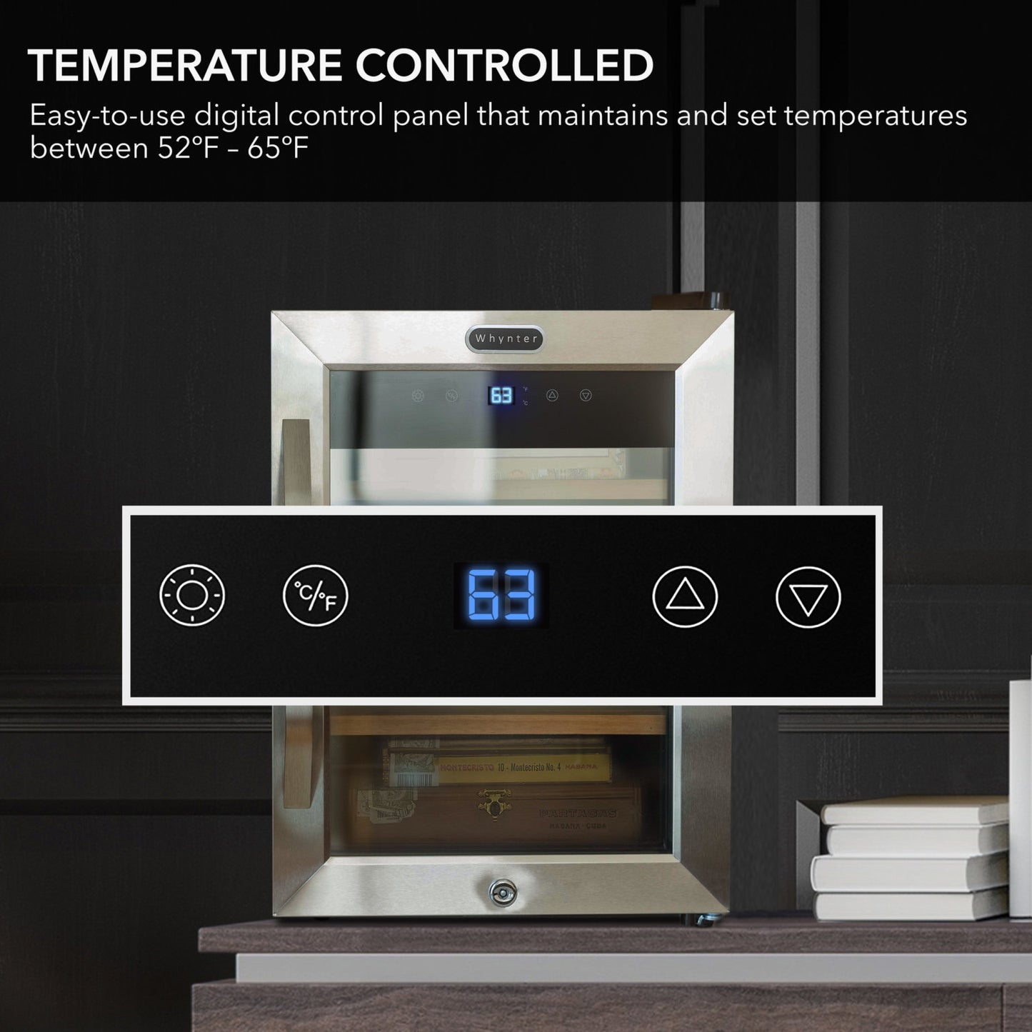 Whynter CHC‑123DS 1.2 cu ft Digital Control Cigar Humidor – Stainless Steel Trimmed Glass Door, Holds - 250 Cigars