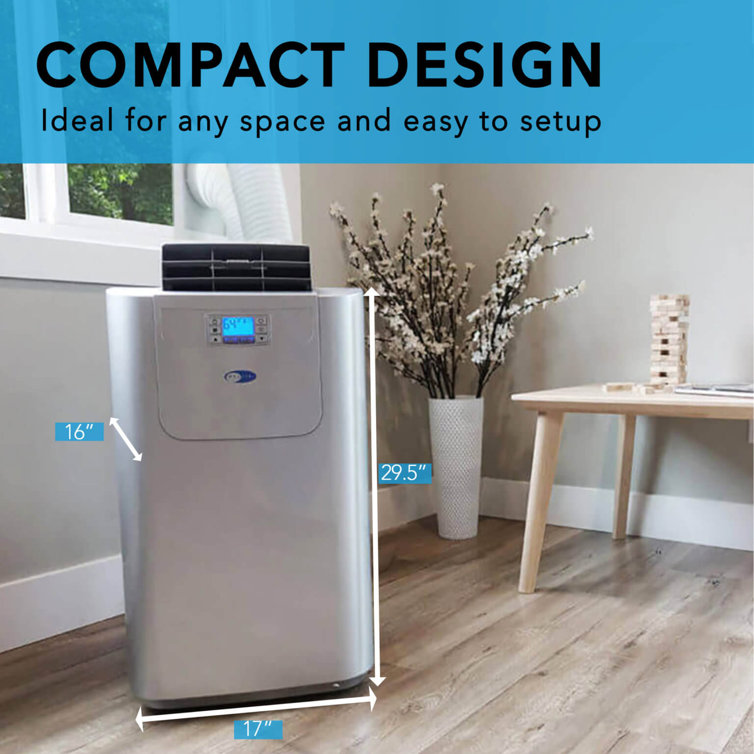 Portable air conditioner with dimensions labeled in a room setting