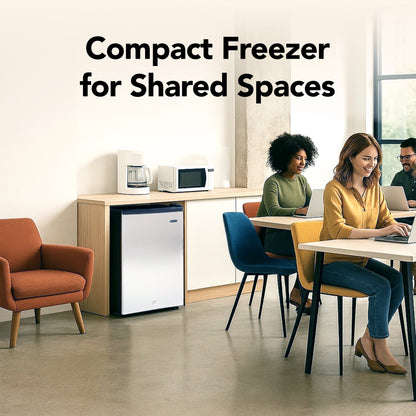 CUF-210SS Compact freezer for shared spaces with people working in a modern office setting