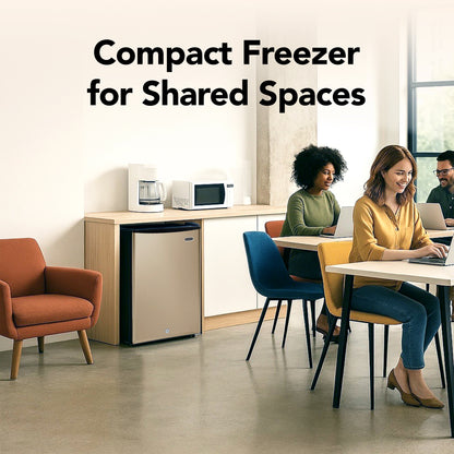 CUF‑210SSG Compact freezer for shared spaces in a modern office setting with people working.