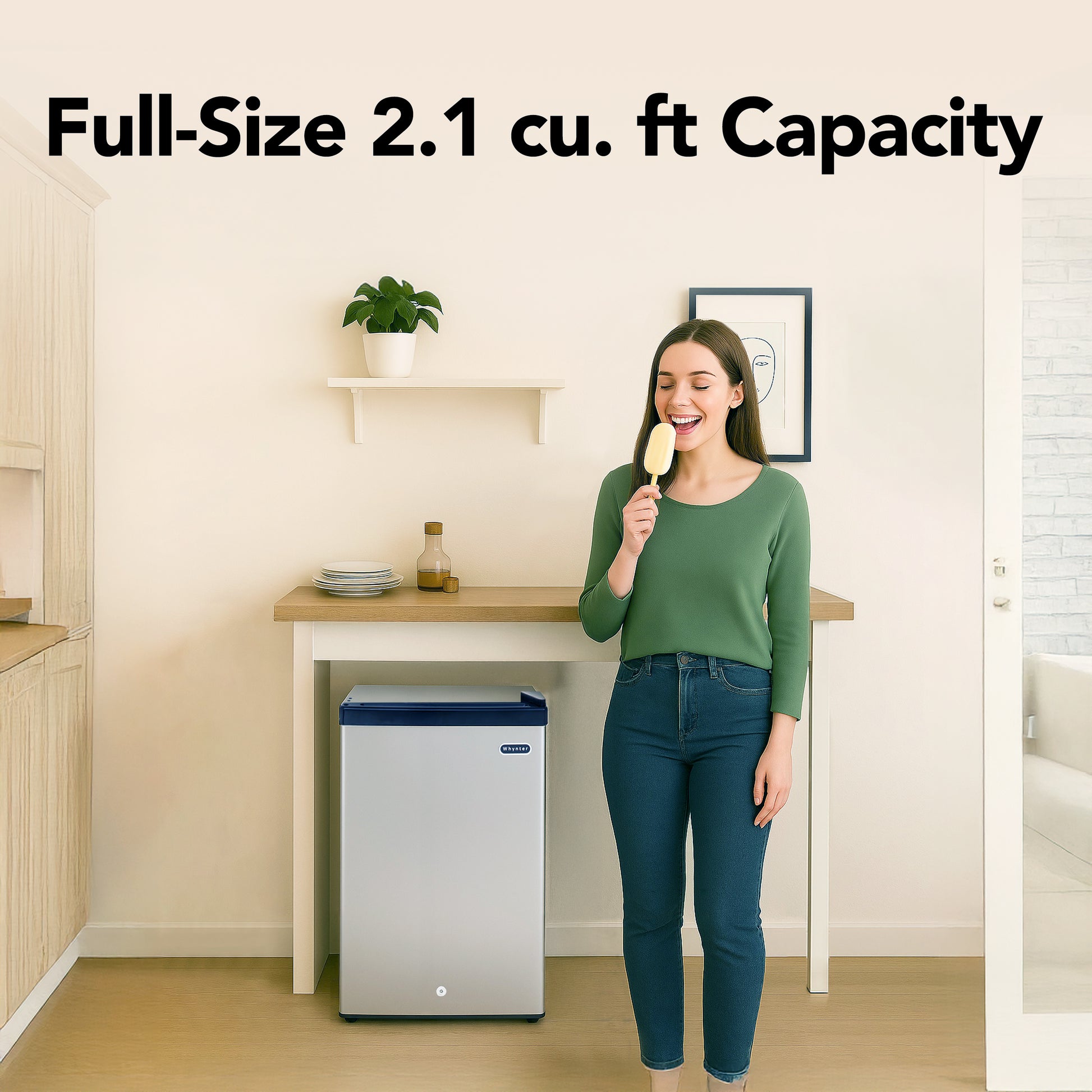 CUF-210SS Woman standing next to a small refrigerator with text indicating capacity